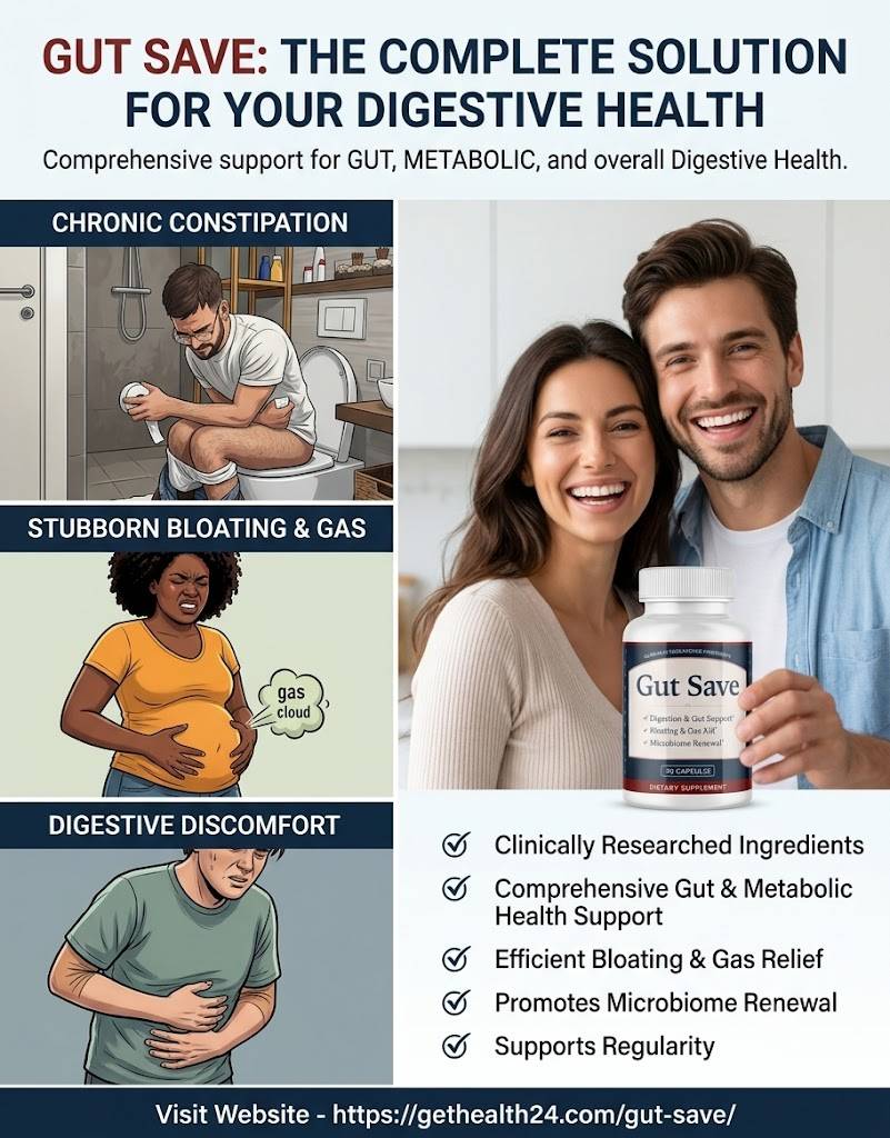 Digestive supplement poster showing Gut Save, digestive symptoms, a smiling couple, and product benefits.