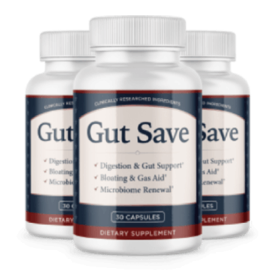 Three white “Gut Save” dietary supplement bottles with navy and red labels arranged against a black background.