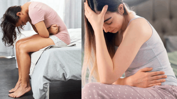 Split image of two women sitting hunched over while holding their abdomen in apparent discomfort.